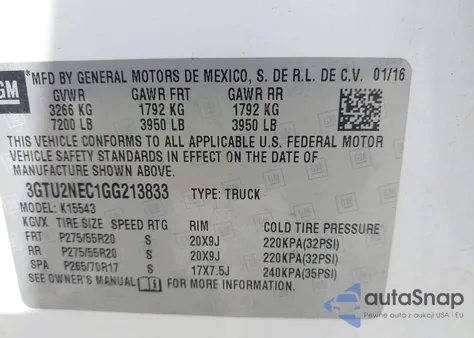 2016 GMC Sierra 1500 Slt z USA, uszkodzony, nr VIN 3GTU2NEC1GG213833